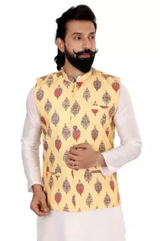 Men Yellow Cotton Printed Nehru Jacket with Plain White Dupion Silk Kurta Churidar