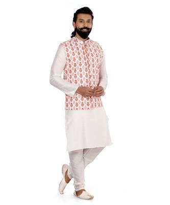 Men White Cotton Printed Nehru Jacket with Plain White Dupion Silk Kurta Churidar 2