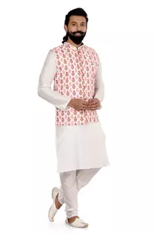 Men White Cotton Printed Nehru Jacket with Plain White Dupion Silk Kurta Churidar