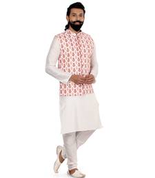 Men White Cotton Printed Nehru Jacket with Plain White Dupion Silk Kurta Churidar