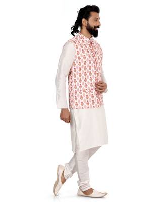 Men White Cotton Printed Nehru Jacket with Plain White Dupion Silk Kurta Churidar 3