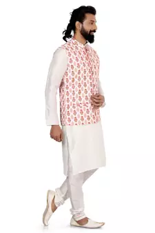 Men White Cotton Printed Nehru Jacket with Plain White Dupion Silk Kurta Churidar