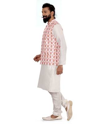 Men White Cotton Printed Nehru Jacket with Plain White Dupion Silk Kurta Churidar 4