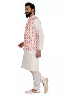 Men White Cotton Printed Nehru Jacket with Plain White Dupion Silk Kurta Churidar