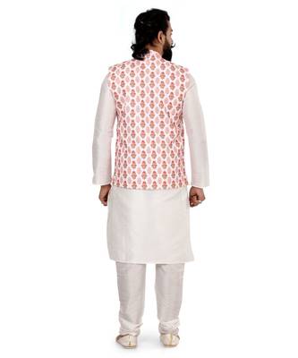 Men White Cotton Printed Nehru Jacket with Plain White Dupion Silk Kurta Churidar 5