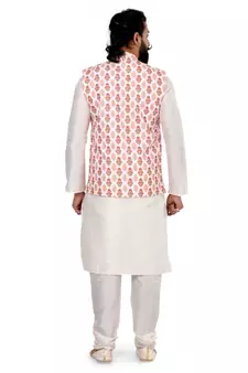 Men White Cotton Printed Nehru Jacket with Plain White Dupion Silk Kurta Churidar