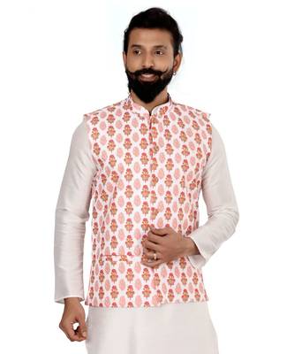 Men White Cotton Printed Nehru Jacket with Plain White Dupion Silk Kurta Churidar 6