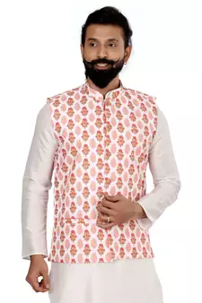 Men White Cotton Printed Nehru Jacket with Plain White Dupion Silk Kurta Churidar