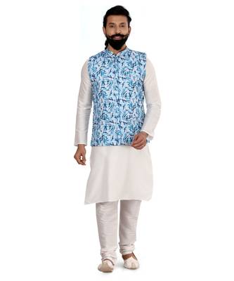 Men Off White Cotton Printed Nehru Jacket with Plain White Dupion Silk Kurta Churidar 2