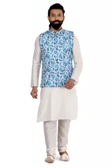 Men Off White Cotton Printed Nehru Jacket with Plain White Dupion Silk Kurta Churidar