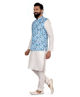 Men Off White Cotton Printed Nehru Jacket with Plain White Dupion Silk Kurta Churidar 3