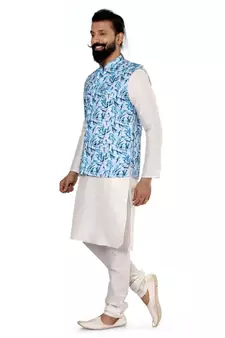 Men Off White Cotton Printed Nehru Jacket with Plain White Dupion Silk Kurta Churidar