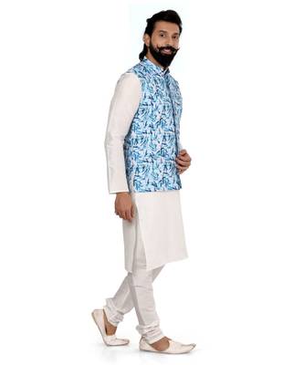Men Off White Cotton Printed Nehru Jacket with Plain White Dupion Silk Kurta Churidar 4