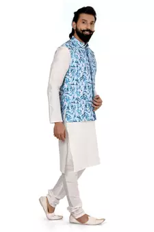 Men Off White Cotton Printed Nehru Jacket with Plain White Dupion Silk Kurta Churidar