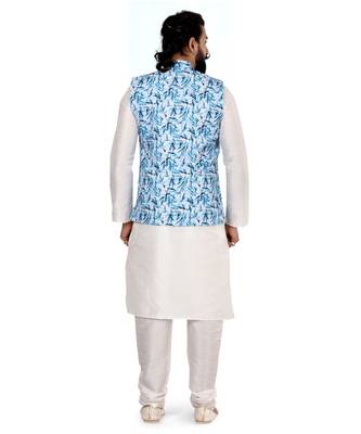 Men Off White Cotton Printed Nehru Jacket with Plain White Dupion Silk Kurta Churidar 5