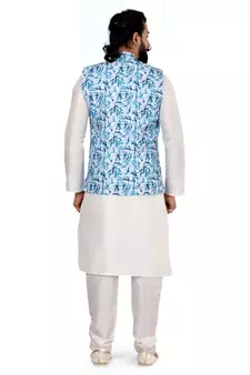 Men Off White Cotton Printed Nehru Jacket with Plain White Dupion Silk Kurta Churidar