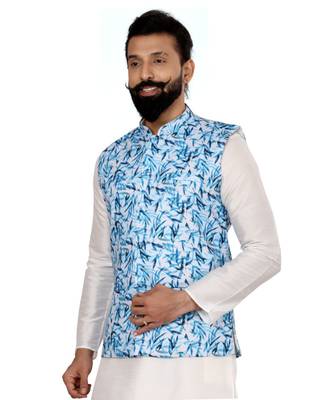 Men Off White Cotton Printed Nehru Jacket with Plain White Dupion Silk Kurta Churidar 6