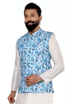 Men Off White Cotton Printed Nehru Jacket with Plain White Dupion Silk Kurta Churidar
