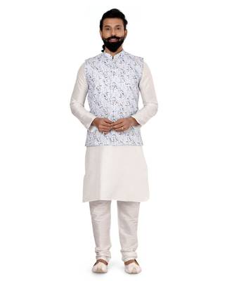 Men Off White Cotton Printed Nehru Jacket with Plain White Dupion Silk Kurta Churidar 2