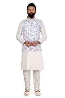 Men Off White Cotton Printed Nehru Jacket with Plain White Dupion Silk Kurta Churidar