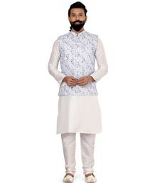 Men Off White Cotton Printed Nehru Jacket with Plain White Dupion Silk Kurta Churidar