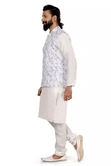 Men Off White Cotton Printed Nehru Jacket with Plain White Dupion Silk Kurta Churidar