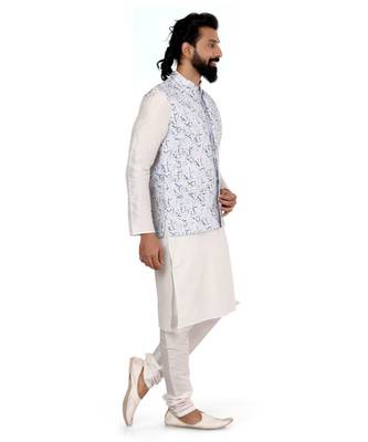 Men Off White Cotton Printed Nehru Jacket with Plain White Dupion Silk Kurta Churidar 4