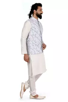 Men Off White Cotton Printed Nehru Jacket with Plain White Dupion Silk Kurta Churidar