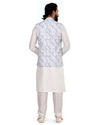 Men Off White Cotton Printed Nehru Jacket with Plain White Dupion Silk Kurta Churidar 5