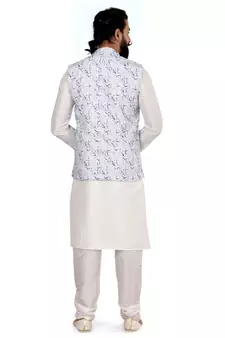 Men Off White Cotton Printed Nehru Jacket with Plain White Dupion Silk Kurta Churidar