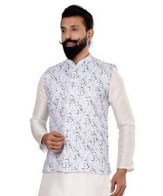 Men Off White Cotton Printed Nehru Jacket with Plain White Dupion Silk Kurta Churidar 6