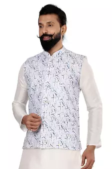 Men Off White Cotton Printed Nehru Jacket with Plain White Dupion Silk Kurta Churidar