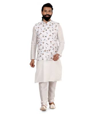 Men White Cotton Printed Nehru Jacket with Plain White Dupion Silk Kurta Churidar 2