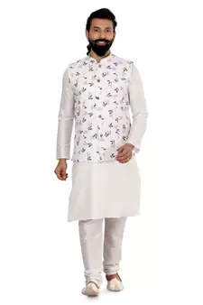 Men White Cotton Printed Nehru Jacket with Plain White Dupion Silk Kurta Churidar