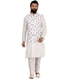 Men White Cotton Printed Nehru Jacket with Plain White Dupion Silk Kurta Churidar