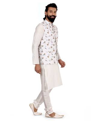 Men White Cotton Printed Nehru Jacket with Plain White Dupion Silk Kurta Churidar 3
