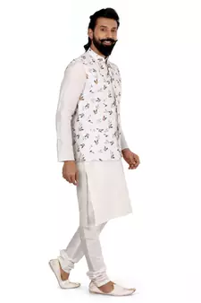 Men White Cotton Printed Nehru Jacket with Plain White Dupion Silk Kurta Churidar