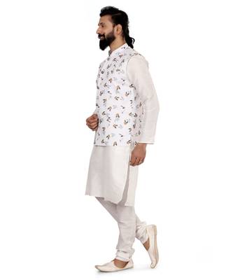 Men White Cotton Printed Nehru Jacket with Plain White Dupion Silk Kurta Churidar 4