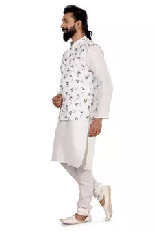 Men White Cotton Printed Nehru Jacket with Plain White Dupion Silk Kurta Churidar