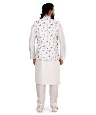 Men White Cotton Printed Nehru Jacket with Plain White Dupion Silk Kurta Churidar 5