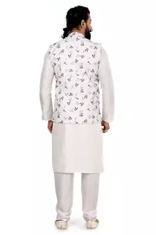 Men White Cotton Printed Nehru Jacket with Plain White Dupion Silk Kurta Churidar