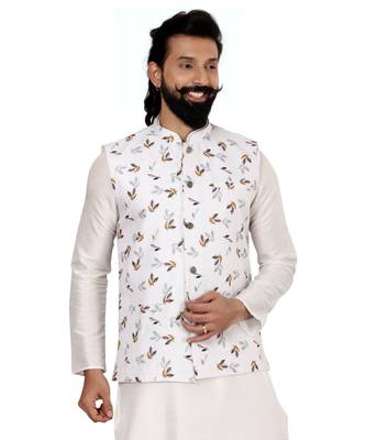 Men White Cotton Printed Nehru Jacket with Plain White Dupion Silk Kurta Churidar 6