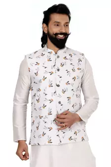 Men White Cotton Printed Nehru Jacket with Plain White Dupion Silk Kurta Churidar