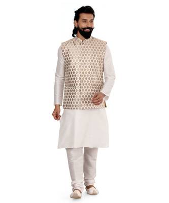 Men White Jacquard Silk Nehru Jacket with Plain White Dupion Silk Kurta Churidar 2