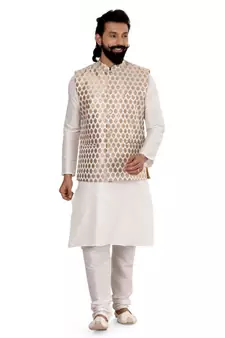 Men White Jacquard Silk Nehru Jacket with Plain White Dupion Silk Kurta Churidar