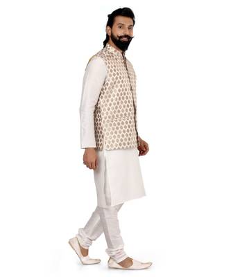 Men White Jacquard Silk Nehru Jacket with Plain White Dupion Silk Kurta Churidar 3