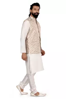 Men White Jacquard Silk Nehru Jacket with Plain White Dupion Silk Kurta Churidar