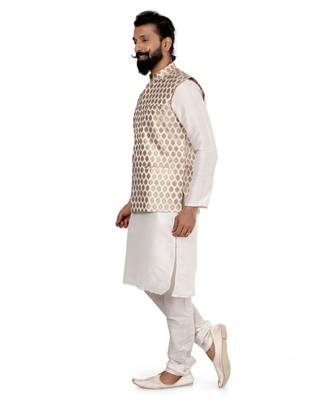 Men White Jacquard Silk Nehru Jacket with Plain White Dupion Silk Kurta Churidar 4