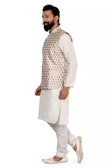 Men White Jacquard Silk Nehru Jacket with Plain White Dupion Silk Kurta Churidar