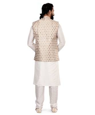 Men White Jacquard Silk Nehru Jacket with Plain White Dupion Silk Kurta Churidar 5